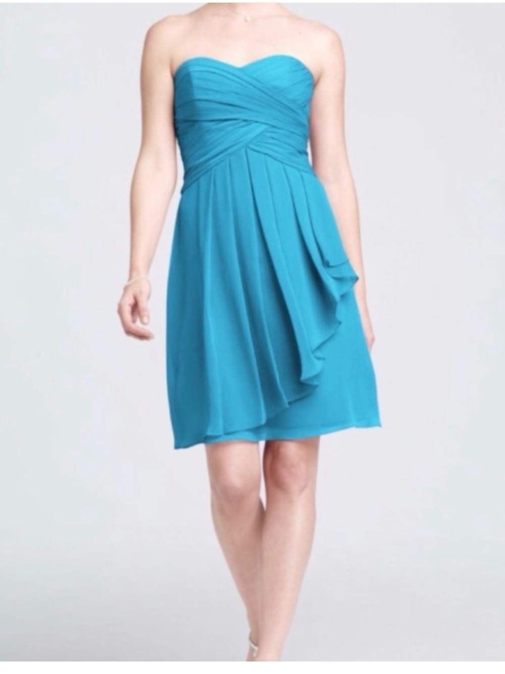 Davids Bridal Strapless Malibu Blue Chiffon Women Size 14 Knee Length Prom Dress
